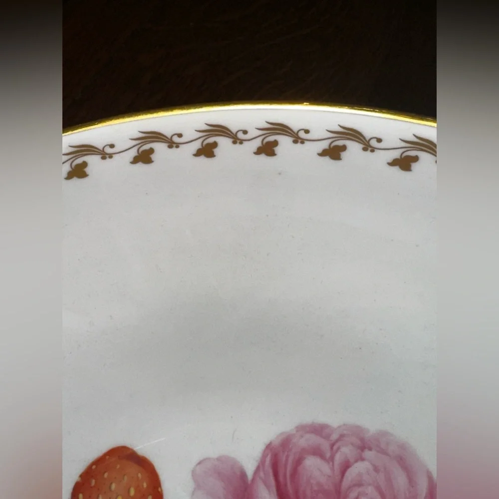 Vintage Spode Bone China England Large Green & White Bowl Pink Rose Strawberries